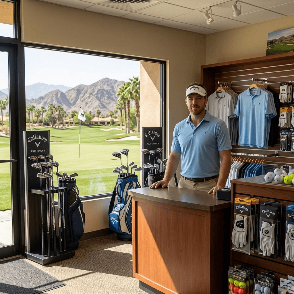 Inside the 19th Hole pro shop, looking out to the fairway and the San Jacinto mountains